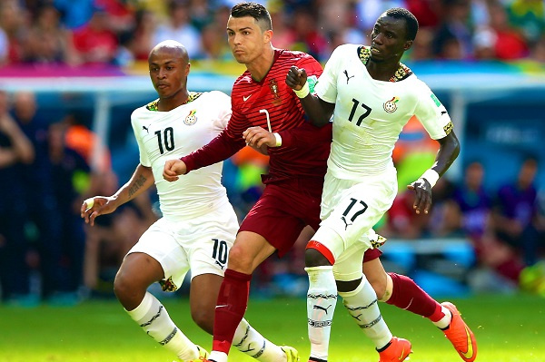 L-R Andre Dede Ayew, Cristiano Ronaldo and Rabiu Mohammed