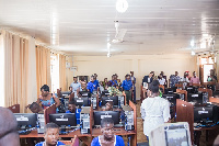 Students of Manhean Anglican JHS in Tema in the new furnished ICT lab