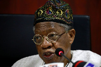 Nigeria's Information Minister Lai Mohammed speaks during a news conference on protests in Abuja.