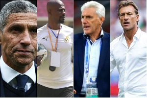 L-R Chris Hughton, George Boateng, Hugo Broos, Harve Renard