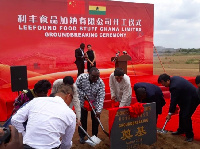 Deputy Minister for Trade and Industry, Robert Ahomkah Lindsay cutting sod with Chinese investors