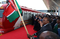 President Uhuru Kenyatta flags off the first freight train connecting Nairobi to Naivasha