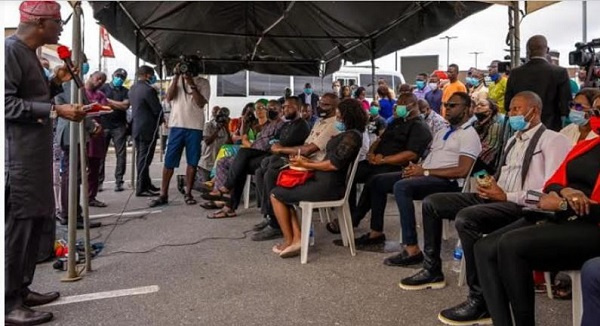 Lagos State Governor, Mr. Babajide Sanwo-Olu, addressing Store Owners