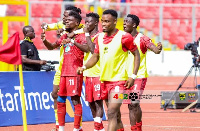 Asante Kotoko players celebrating a goal