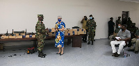 Madam Stephanie S. Sullivan presenting the Chief of Army Staff, Major General Thomas Oppong-Pepprah