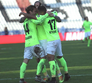 Daniel Kyere is joined by his mates to celebrate the goal