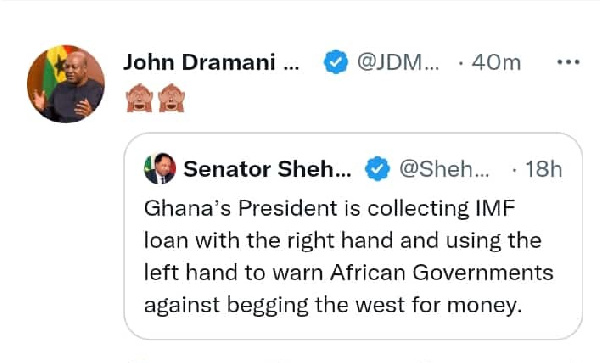 A screenshot of Mahama's tweet reaction