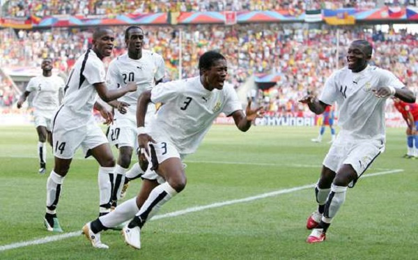 Asamoah Gyan celebrating his goal at Czech Republic in 2006