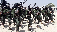 Hundreds of newly trained Shabaab fighters perform military exercises in the Lafofe area