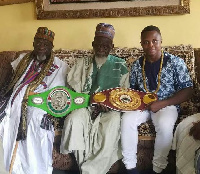 The national Chief Imam, Sheikh Dr. Nuhu Osman Sharabutu [middle] with Isaac Dogboe [right]