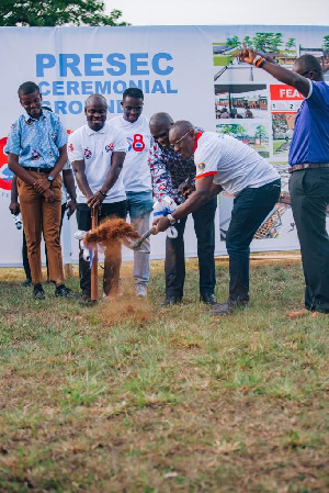 Headmaster David Odjidja, Dr. Ernest Ofori-Sarpong an old student of the school breaking the ground