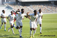 Black Stars players celebrating with Mohammed Salisu after he scored the against Switzerland