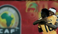 Zambia's Patson Daka celebrates scoring their first goal with Fashion Sakala