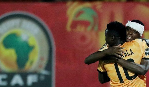 Zambia's Patson Daka celebrates scoring their first goal with Fashion Sakala