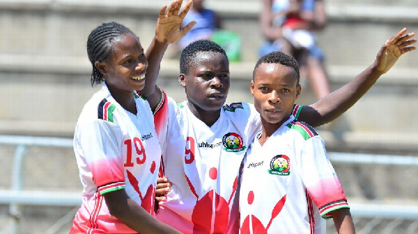 Neddy Okoth of Kenya celebrates a goal with teammates during the 2017 COSAFA Women's Championship