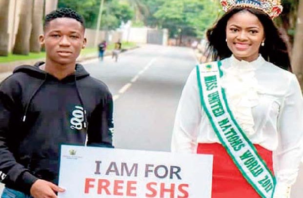 Abraham Attah with Miss United Nations World 2017 campaigning for Free SHS which starts in September