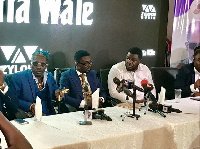 Shatta Wale [L]; CEO of Zylofon Media, Nana Appiah Mensah [M] and Bulldog [R] at the unveiling