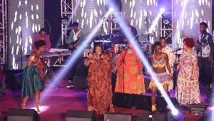 Yvonne Chaka Chaka(middle) performing with Becca(L) and Wiyaala(R)