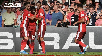 Ofori joined by his mates to celebrate the goal