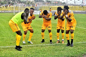 Ashantigold S.C players celebrating after a goal