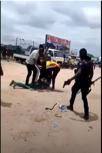 A gun-wielding Police officer looks on while civilians subdue the 'mentally ill' man