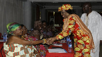 Nana Konadu Agyeman-Rawlings (Right) pays homage to the queen mothers in the Central Region