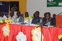 Gilbert Ken Asmah (4th from left but 2nd from right) with some dignities at a town hall meeting