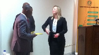 Dr Fred Kyei Asamoah, COTVET Executive Director interacting with Mrs Patricia de Bruijn, Cadena MD.