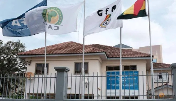 Flags of Ghana, GFA, CAF and FIFA at the FAs Head Office in Accra