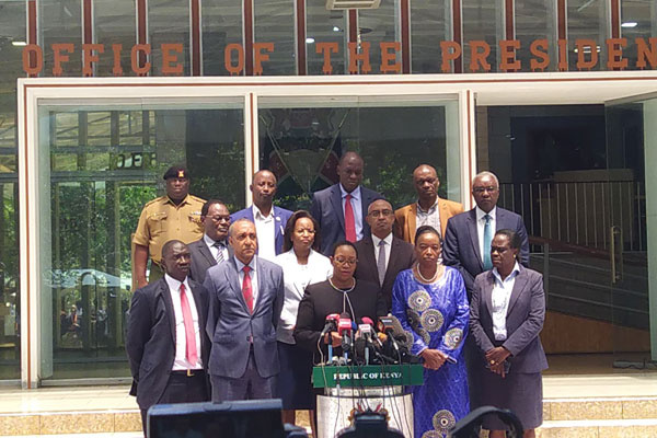 Outgoing Health CS Sicily Kariuki addresses the press, flanked by other government officials,ANNIE