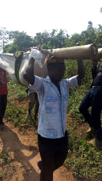 The sick and pregnant women in labour are carried on bamboo stretchers to the hospital