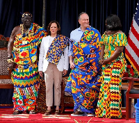 Osaberima Kwasi Atta II with Kamala Harris, her husband Douglas, and Marigold Assan