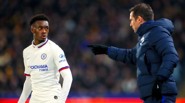 Callum Hudson-Odoi with Chelsea manager Frank Lampard