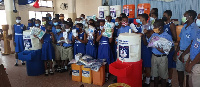 The items included 1,100 reusable nose masks, 13 gallons of liquid soap