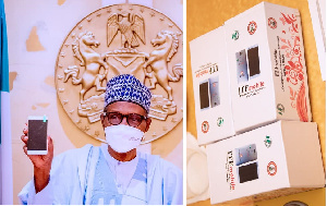 Buhari receives a copy of Nigeria's first locally manufactured smartphone in Abuja