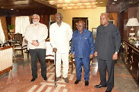 From left ,former President Jerry John Rawlings ,J A Kufour (M) and Ex- President Mahama