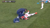 Abraham Frimpong fell awkwardly after he tried to clear an aerial ball