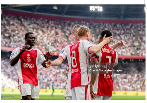 Brian Brobbey celebrates with teammates after helping his team secure a win over Almere City FC
