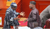 Speaker Bagbin (left) confers with Majority Leader Kyei-Mensah-Bonsu