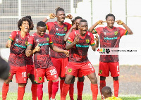 Asante Kotoko players celebrating a goal in the GPL