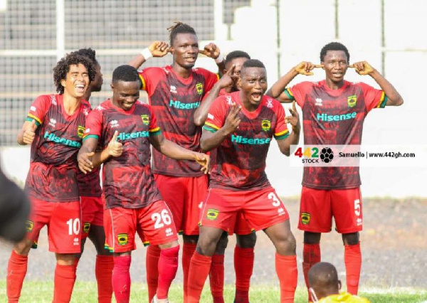 Asante Kotoko players celebrating a goal in the GPL