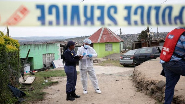 Police dey work for di scene of di deadly mass shooting near Pietermaritzburg, South Africa April 21