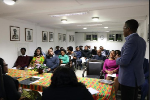 Ambassador Amerley Ollennu Awua-Asamoa interacting with Ghanaians in Denmark