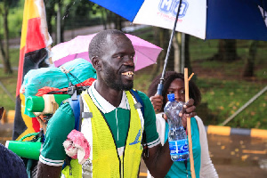 Gerima Mustafa strides into UN Avenue in Nairobi on March 2, 2020 after walking 644 km