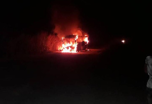 The Accra-bound bus in flames in the early hours of Saturday