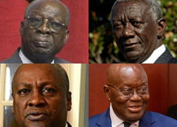 Ala Adjetey, John Kufuor (top l, r) and John Mahama, Nana Akufo-Addo (down l, r)