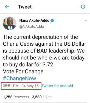 President Akufo-Addo in 2016 attributed the cedi depreciation to bad leadership