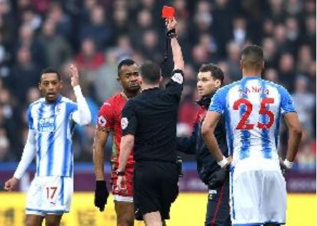 Jordan Ayew was sent off during the match against Huddersfield