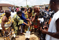 Nkosuohene of Suhum, Nana Boakye Yiadom II during the sod-cutting of the ICT centre and library