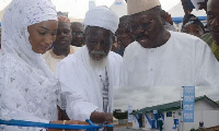 Mrs. Samira Bawumia, Chief Imam Sheikh Osman Sharubutu and officials of Unibank at the Hajj village